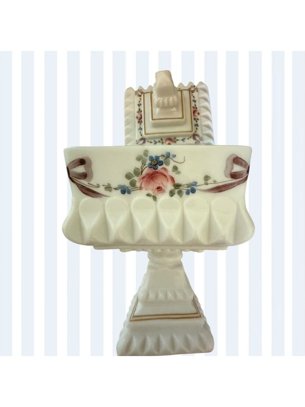 Veg Westmoreland Milk Glass Wedding Bowl with Lid Hand Painted Roses/Gold Trim